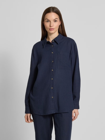 FREE/QUENT Relaxed fit linnen blouse met borstzak, model 'Lava' Marineblauw - 4