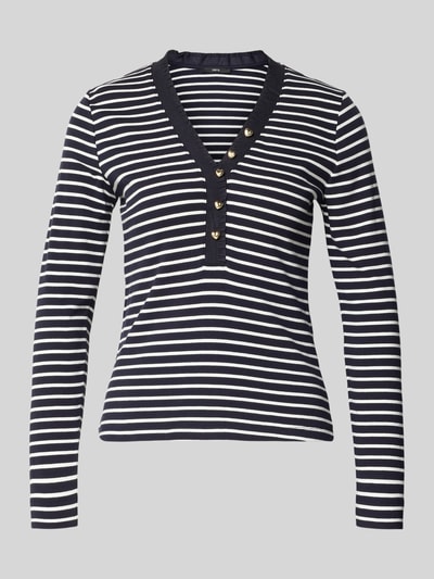 Produktfoto, Regular Fit Longsleeve mit Rüschenbesatz von Zero, bawełniany elastyczny miks, krój regular fit, dekolt V, ozdobny detal, długość tyłu w rozmiarze 36: 54 cm, czarne i białe paski, gładka faktura