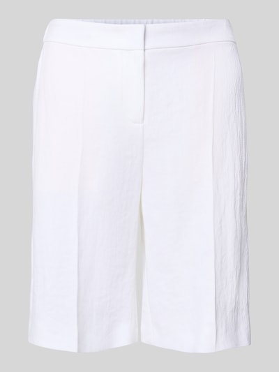 Produktfoto, weiße Regular Fit Bermudas aus Leinen-Viskose-Mix Modell 'TIANALA' von BOSS in Melange-Optik, Twill-Struktur, sichtbare Gürtelschlaufen und Taschen, neutraler Hintergrund.