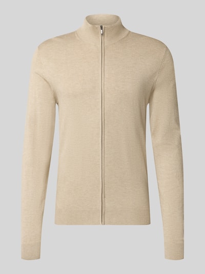 Produktfoto, Slim Fit Strickjacke aus Viskose-Mix mit Stehkragen von MCNEAL, beżowy, zamek błyskawiczny, elastyczne wykończenia, Mieszanka wiskozy, krój slim fit, stójka, Długość tyłu 70 cm, Długość rękawów 70 cm