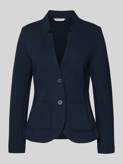 Produktfoto, Blazer mit Knopfleiste von TOM TAILOR in Dunkelblau, Baumwoll-Mix mit Stretch-Anteil, Taillierter Schnitt, AufgesetzteTaschen, Unifarbenes-Design, Cut-Outs, Rückenlänge 57 cm, Brustweite 44 cm, Ärmellänge 62 cm