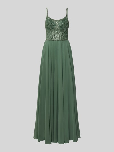 Produktfoto, Abendkleid mit Pailletten von Hey Kyla in Dunkelgrün mit tailliertem Schnitt, Chiffon, Maxilänge, Rundhalsausschnitt.