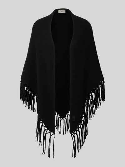 Produktfoto, schwarzer Poncho aus reiner Schurwolle mit Fransen Modell 'TORNADO' von Weekend Max Mara, einfarbig, grobe Textur