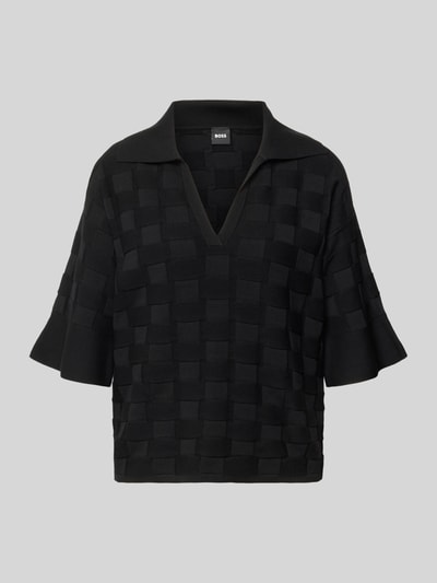Produktfoto, Regular Fit Poloshirt aus Viskose-Mix Modell 'Fapavero' von BOSS in Schwarz, unifarben, Flechtoptik, Rippstrick, ohne Verschluss, kurzer Ärmel, Polokragen, V-Ausschnitt, asymmetrisch, Seitenschlitze.