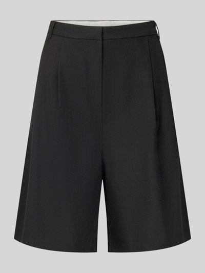 Productfoto, Regular Fit Bermudas uit elastische materiaal-mix model 'Nika' van Neo Noir met bandplooien, achterzak, riemlussen, knoop- en ritssluiting, zwarte stof, glad oppervlak, context: dames bermuda, taillewijdte maat 36: 41 cm, binnenbeenlengte maat 36: 21 cm.