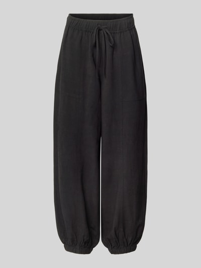 Produktfoto, Relaxed Fit damesbroek van viscosemix model 'Myha' van OPUS, met linnen, elastische band met tunnelkoord, steekzakken, verkorte pasvorm, elastische boordjes, kleur zwart, zachte structuur