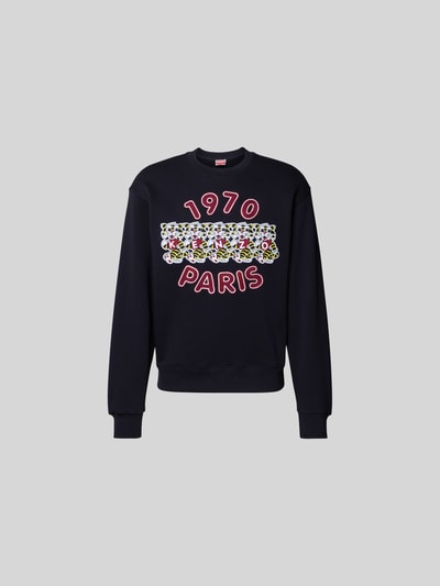Produktfoto, Sweatshirt aus reiner Baumwolle von Kenzo in Dunkelblau mit lockerem Schnitt, Rundhalsausschnitt, Label-Print und elastischen Abschlüssen, Rückenlänge bei Größe M 66 cm.