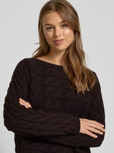 Oui Gebreide pullover met kabelpatroon en ronde hals Donkerbruin - 3