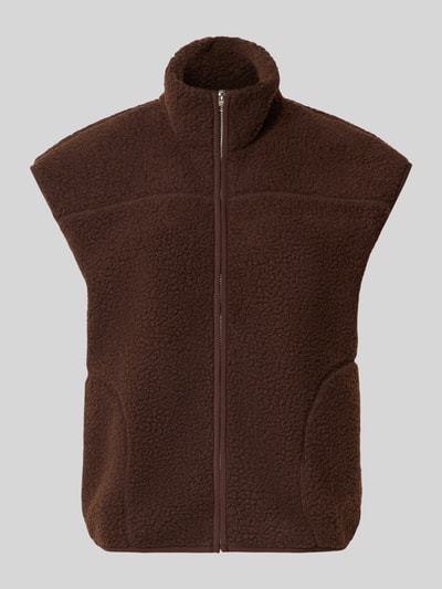 Productfoto, Relaxed fit bodywarmer in teddylook model 'SADIA' van PIECES, donkerbruin met grove textuur, Dames