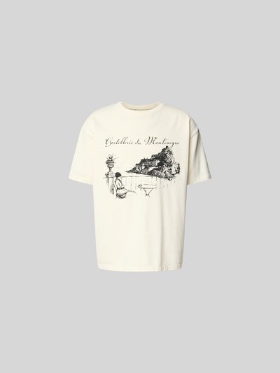 Produktfoto, Regular Fit T-Shirt mit Motiv-Print von RHUDE in Off-White mit schwarzem Druck, reine Baumwolle, Rundhalsausschnitt, Herrenshirt.