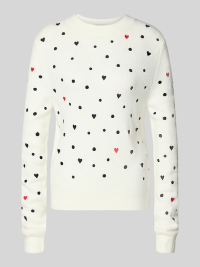 Produktfoto, Regular Fit Strickpullover mit Stickereien von Tom Tailor Denim w kolorze kremowym, dzianinowy, wzór kropki i serca, crew neck, rękawy i dół ściągacz