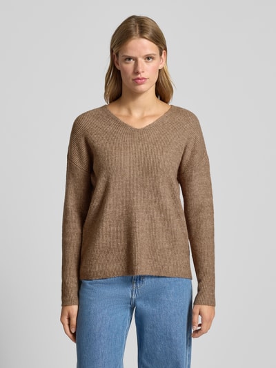 Only Regular Fit Strickpullover mit V-Ausschnitt Modell 'CAMILLA' Taupe Melange 4