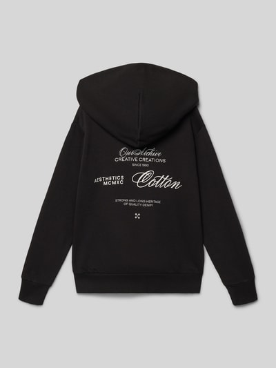 Produktfoto, zwarte Hoodie met kapuze Modell 'ROAR' van Jack & Jones, katoenmix, losse pasvorm, labelprint, kangoeroezak, geribde boorden