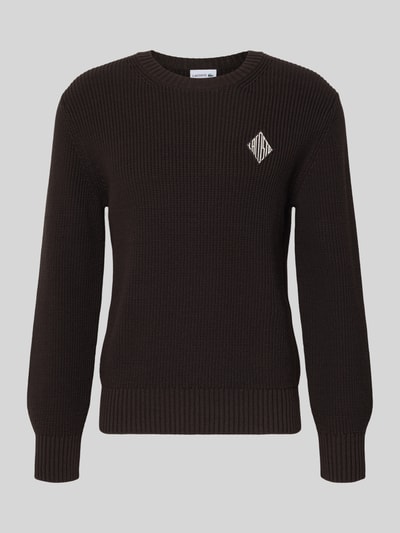 Produktfoto, Regular Fit Pullover aus Baumwoll-Mix Modell 'COTES PERLES' von Lacoste in effen zwart met logo-patch, ribgebreid, ronde hals, lange mouwen, geribbelde boorden