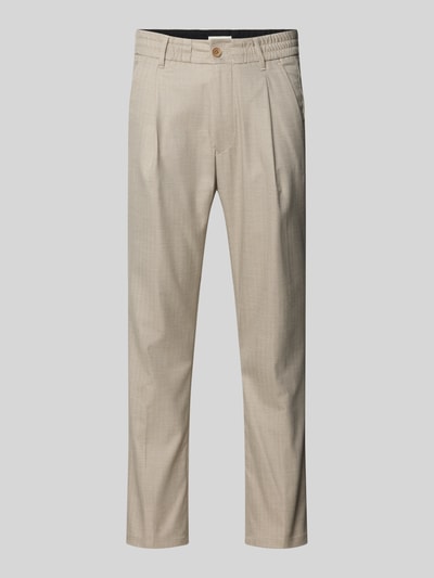 Productfoto, stofhose met elastische tailleband van Drykorn, beige, rechte fit, viscosemix, steekzakken, knoop- en ritssluiting, achterzakken, taillewijdte 42 cm, binnenbeenlengte 66 cm bij maat 32/32