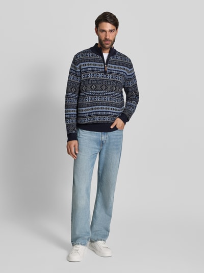 Fynch-Hatton Sweter o kroju regular fit z czystej wełny model ‘Jacquard’ Granatowy 1