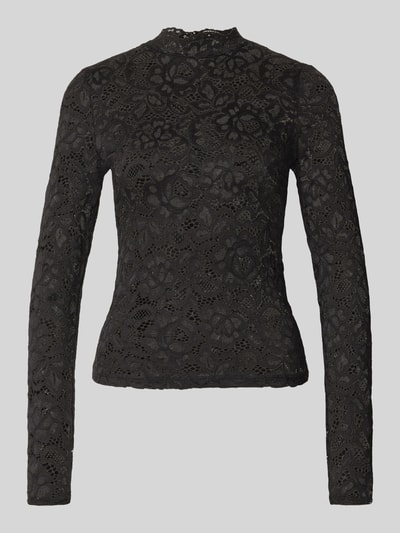 Produktfoto, schwarzes Slim Fit Longsleeve aus floraler Spitze Modell 'Lacey' von YAS, elastischer Material-Mix, semitransparentes Design