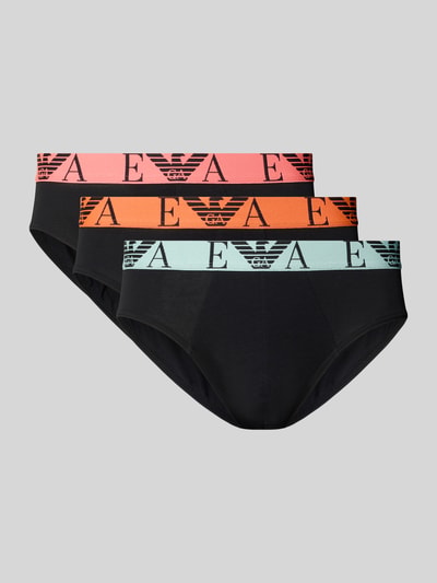 Produktfoto, Slip mit elastischem Logo-Bund im 3er-Pack von Emporio Armani, schwarze Herren Slips aus Baumwoll-Elasthan-Mix, körpernaher Schnitt, elastischer Logo-Bund in Türkis, Orange und Pink, 3er-Pack
