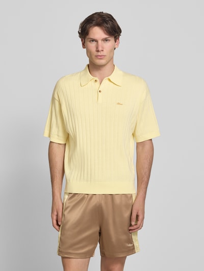 Männermodel trägt Regular Fit Strick-Poloshirt mit Label-Stitching von BLKVIS, Reine Baumwolle, Ripp-Optik, Knopfleiste, Vorderansicht, Ganzkörperansicht von vorne.