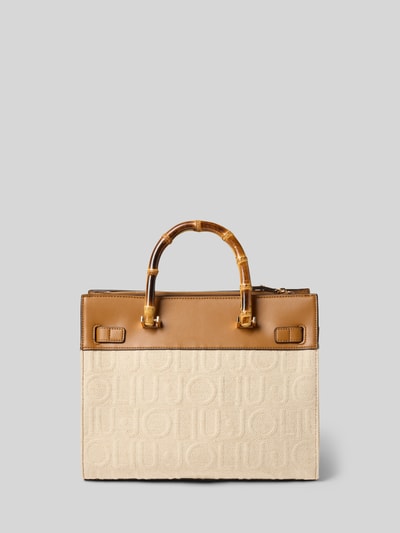 Produktfoto, Handtasche mit Logo-Detail von Liu Jo White aus beigem Baumwoll-Mix mit Leinen-Anteil, braune Henkel, sichtbares Logo-Muster
