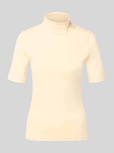 Produktfoto, Slim Fit T-Shirt aus katoenmix van Marc Clain in lichtgeel met asymmetrische col en siersteentjes, Dames t-shirt, Ruglengte bij maat 36: 56 cm