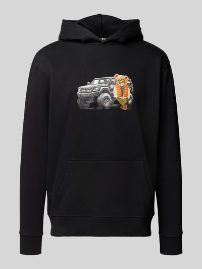 Produktfoto, schwarzer Relaxed Fit Hoodie aus Baumwoll-Mix mit Motiv-Print, Känguru-Tasche und elastischen Abschlüssen, CHILL PILL