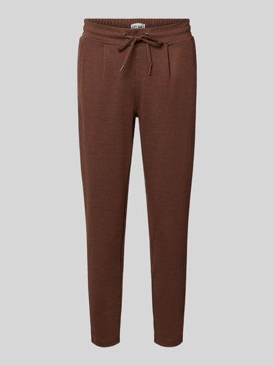 Produktfoto, Slim Fit Hose mit Viskose-Anteil Modell 'KATE' von ICHI in Braun, elastischer Bund mit Tunnelzug, glatte Textur, Damen Hose