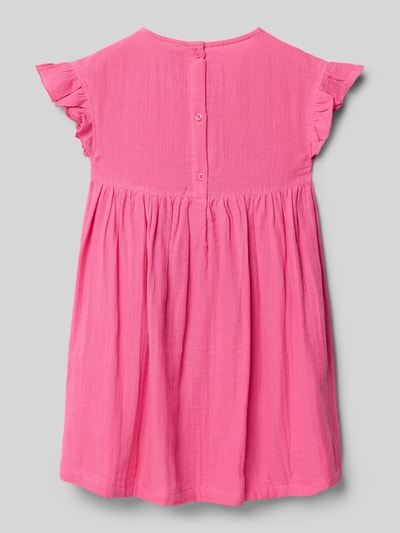 Productfoto, knielanges Kleid met vlindermouwen van Blue Seven in effen roze, puur katoen, los model, ronde hals, opgestikte steekzakken, knoopsluiting achter, ruglengte bij maat 116: 65 cm.