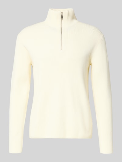 Produktfoto, Strickpullover mit Stehkragen und Reißverschluss von Lindbergh in Creme, Ripp-Optik, Baumwoll-Mix, Regular Fit, neutraler Hintergrund.