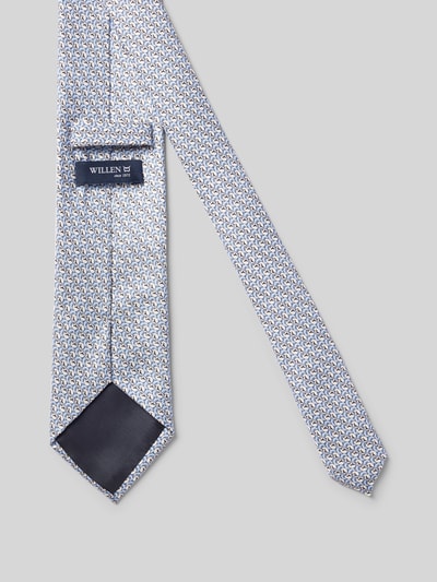 Productfoto, Krawatte aus reiner Seide mit Allover-Motiv-Print van Willen in blauw-witte tinten, logodetail, Breedte bij maat 1: 8 cm