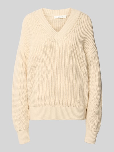 Produktfoto, cremefarbener Regular Fit Pullover aus Baumwoll-Mix Modell 'SELMA' von Selected, grob gestrickte Textur, Damen Pullover