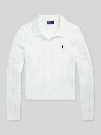 Produktfoto, Slim Fit Strickjacke aus reiner Baumwolle von Polo Ralph Lauren, biała, krój slim fit, struktura warkocz, logo, długi rękaw, materiał: czysta bawełna