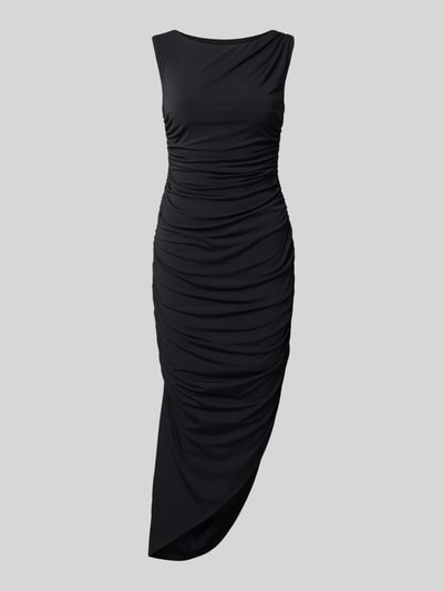Produktfoto, Cocktailkleid in asymmetrischer Form von Jake*s Cocktail, schwarzer Stoff, figurbetont, Midikleid, Drapierungen, Stretch-Material