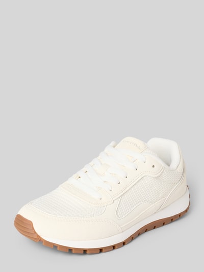 Productfoto, Low Top Sneaker aus Leder-Textil-Mix van Marc O'Polo, effen crème, afgeronde neus, vlakke hak, labelprint, suède en mesh, vetersluiting, geprofileerde zool