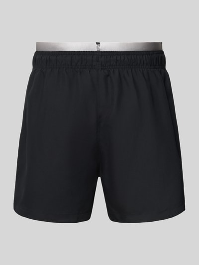 Produktfoto, Relaxed Fit Badeshorts mit Logo-Stitching von Emporio Armani in Schwarz, elastischer Bund mit Tunnelzug, glatte Textur
