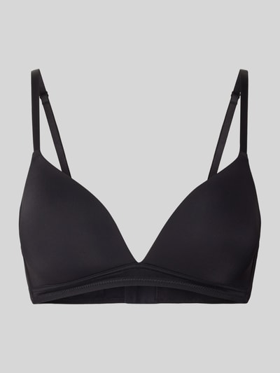 Produktfoto, schwarzer Triangel-BH mit leicht wattierten Cups von Jake*s Casual, glatte Textur, Spaghettiträger, Hakenverschluss, Material-Mix mit Stretch