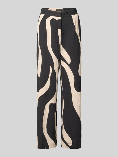 Produktfoto, Stoffhose aus Viskose-Mix im Allover-Look Modell 'NIKITA' von Mango, kontraststarkes Schwarz-Beige-Muster, strukturierte Oberfläche, Relaxed Fit, Bundweite 41 cm und Innenbeinlänge 77 cm bei Größe 36.