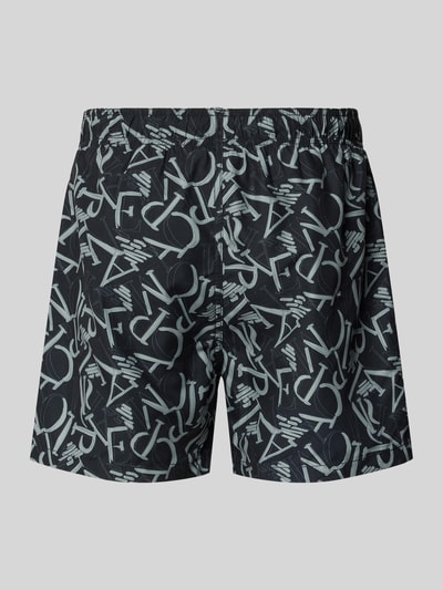 Produktfoto, Regular Fit Shorts mit Allover-Logo-Print von Emporio Armani in Schwarz mit elastischem Bund und Tunnelzug, glatte Textur
