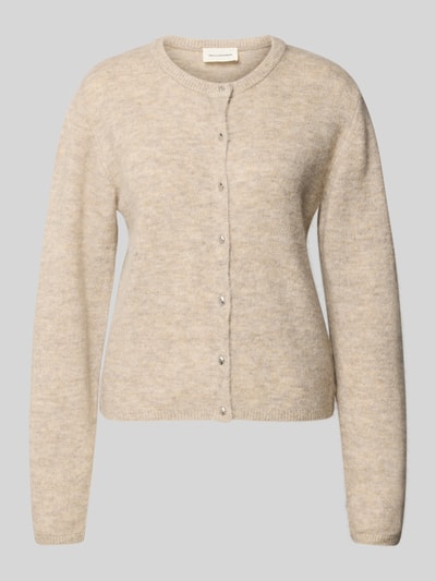 Produktfoto, beige Strickjacke aus Woll-Mix Modell 'Kellsey' von MSCH Copenhagen, regular fit, ronde hals, knopen, zachte textuur