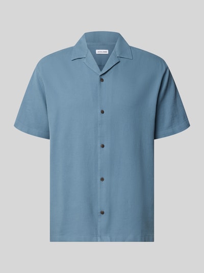 Produktfoto, Regular Fit Freizeithemd mit Strukturmuster Modell 'Global' von Jack & Jones aus reiner Baumwolle in Blau mit Reverskragen und Knopfleiste