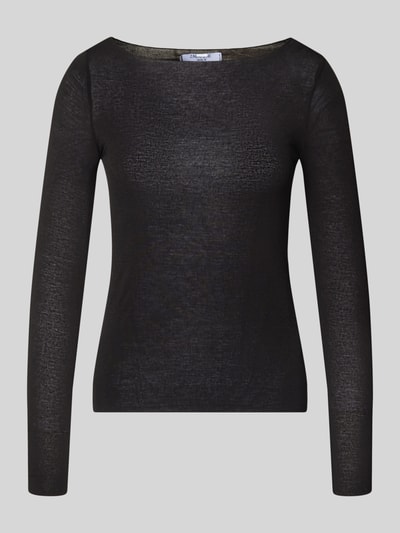 Produktfoto, schwarzes Longsleeve aus Viskose-Mix von ZABAIONE, semitransparentes Design, körpernaher Schnitt, U-Boot-Ausschnitt.
