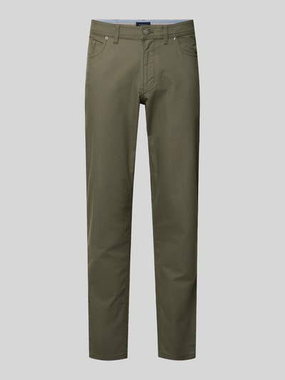 Produktfoto, Straight Fit Hose mit Strukturmuster von Christian Berg Men aus Reine Baumwolle in Olivgrün mit 5-Pocket-Design, Knopf-Reißverschluss.
