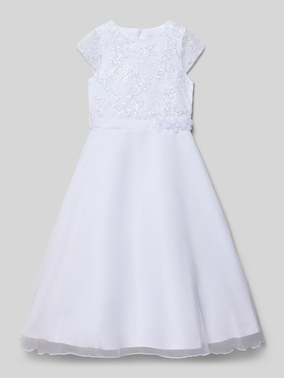 Produktfoto, weißes Midikleid mit Rundhalsausschnitt von DANAMADE, taillierter Schnitt, Nahtreißverschluss, blickdichtes Unterkleid, Schleifen-Detail, Rückenlänge 97 cm, Ärmellänge 9 cm, florale Textur und transparenter Oberstoff