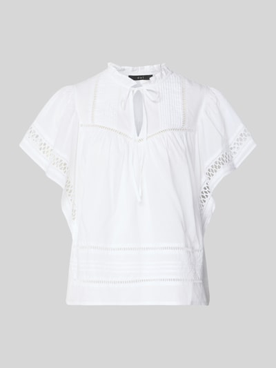 Produktfoto, Regular Fit Bluse mit Schnürung und Lochstickerei von Oui aus Reiner Baumwolle, Stehkragen, Schlüsselloch-Ausschnitt, weiß