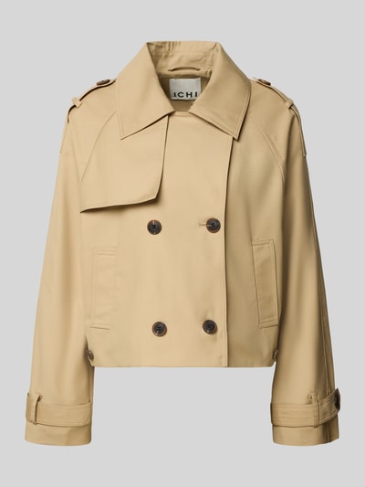 Produktfoto, Regular Fit Damen Jacke mit Viskose-Anteil Modell 'EPARZA' von ICHI in Beige, Material-Mix, Umlegekragen, doppelte Knopfleiste, Eingrifftaschen, Rückenlänge 53 cm, Schulterbreite 43 cm, Brustweite 53 cm, Ärmellänge 60 cm, matte, glatte Textur.