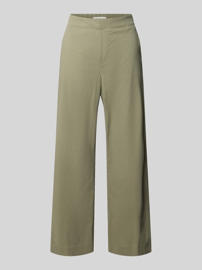 Produktfoto, Hose aus Viskose-Mix in verkürzter Passform Modell 'FENJA2' von STEHMANN in hellem Olivgrün, glatte Oberfläche, elastischer Bund. Damen Hose, Stretch-Anteil, verkürztes Design, Bundweite 40 cm, Innenbeinlänge 66 cm in Größe 36.