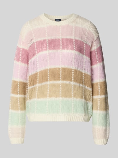 Produktfoto, Relaxed Fit Pullover mit Alpaka-Anteil von JOOP! im karierten Streifenmuster, Strick-Optik, Material-Mix, Rundhalsausschnitt, elastische Abschlüsse, sanfte Pastelltöne in Beige, Rosa, Lila und Mint, weiche Textur, Rückenlänge 59 cm, Ärmellänge 69 cm