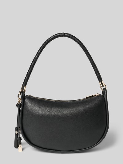Produktfoto, schwarze Handtasche mit Label-Applikation von Guess, strukturierte Oberfläche, goldene Details, Tragehenkel, Reißverschluss, Maße: 30x19x9 cm, Schulterriemen 53 cm, Anhänger am Henkel.