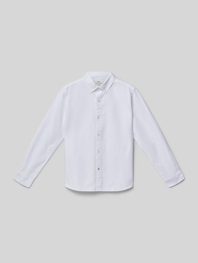 Produktfoto, weißes Hemd mit Knopfleiste von Mango aus reine Baumwolle im Regular-Fit mit Button-Down-Kragen für kinder auf grauem Hintergrund.