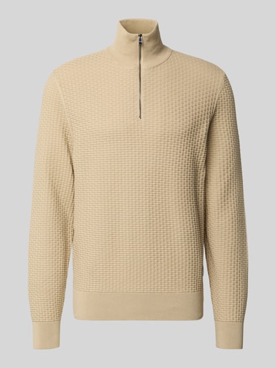 Produktfoto, Regular Fit Troyer aus reiner Baumwolle Modell 'H-ULICIO' von BOSS in Beige, Optik: Unifarben, Strickoptik, Struktur, Troyer-Kragen, kurzer Reißverschluss, Langarm, Ärmelabschluss und Rumpfabschluss gerippt, Materialverarbeitung: Rippstrick.